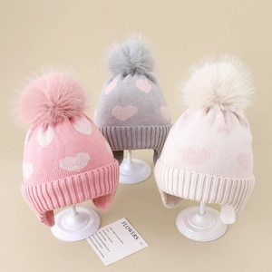 Kids Winter Knit Hat Heart Pattern Faux Fur Pom Pom Warm Fleece Lined Earflap Beanie For Girls Outdoor Casual
