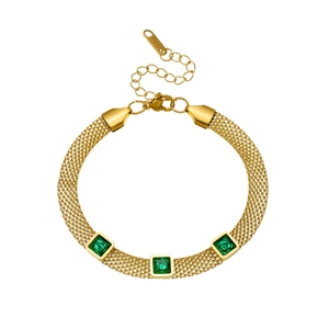 Gold-plated stainless steel mesh bracelet featuring three square green gemstones and extender