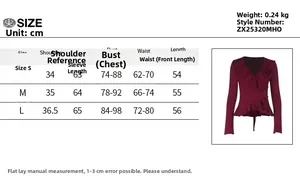 Detailed size guide table for ruffled long sleeve top including bust and waist measurements