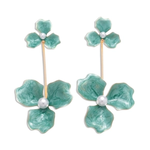 Bohemian teal enamel flower drop earrings with pearls and gold finish for women