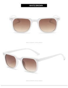 Detailed views of white square sunglasses featuring metal arrow studs and brown gradient lenses