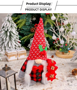 Macro detail of Christmas gnome doll featuring red knitted hat and plush white beard