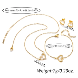 Detailed size specifications for heart zircon necklace, bracelet and earrings jewelry set
