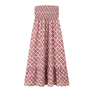 Detail of red geometric floral print tube dress with elastic smocked bodice and A-line skirt