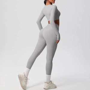 Detail of grey seamless yoga set back view showing premium brushed nylon fabric and stitching
