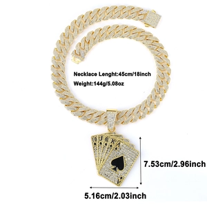 Golden iced-out poker cards pendant with dimensions and weight on a Cuban link chain