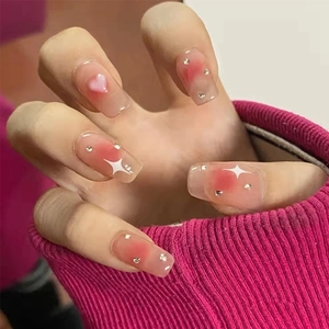 Blush Press On Nails Pink Gradient Heart Starburst Shiny Rhinestone False Nail Patches For Women Thin Traceless