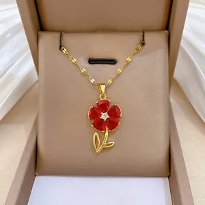 Red Flower Pendant Necklace Titanium Steel Chain Copper Micro Pave Zircon Elegant Clavicle Jewelry For Women