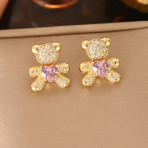 Exquisite golden teddy bear stud earrings with white zircons and pink heart gemstones