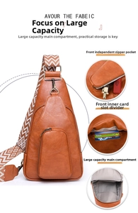 Detail view of vintage brown PU leather sling bag with geometric strap and inner compartments