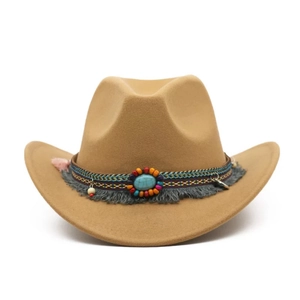 Khaki wool western cowboy hat with ethnic turquoise beads and fringe decorative band