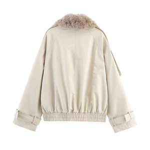 Short beige faux leather bomber jacket with plush fur collar back view on white background
