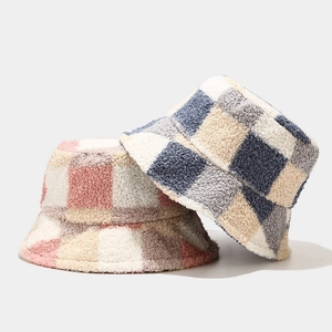 Women's autumn plaid fleece bucket hat in soft pink and blue check patterns