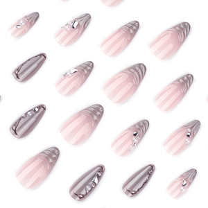 French cat eye press-on nails with 3D water ripples pearls and sparkling rhinestones