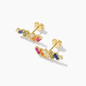 Detail of S925 silver stud earring with colorful rectangular gemstones in wavy pattern