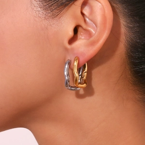 Irregular wavy rectangular hoop earrings in 18K gold and silver stainless steel finish