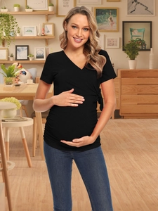 Umstandsmode Kurzarm Oberteil V Ausschnitt Wickeloptik Seitliche Schleife Elastisch Shirt Für Schwangere Frauen Casual