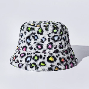 Close-up of fluffy rainbow leopard faux fur texture on a warm winter bucket hat