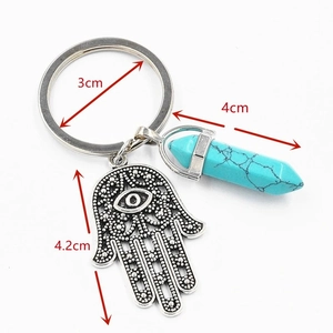 Hamsa Hand Schlüsselanhänger mit blauem Türkis-Kristall an silbernem Schlüsselring