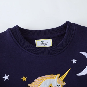 Dark blue long sleeve girls sweatshirt with unicorn moon and stars embroidery