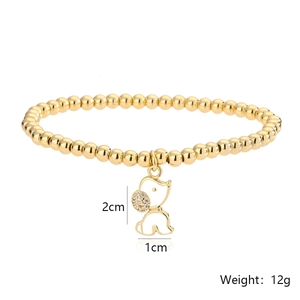 Golden beaded stretch bracelet with cubic zirconia elephant pendant, 12g fashion jewelry