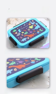 Detail of the sky blue bento box with dinosaur print and side leak-proof locking clips
