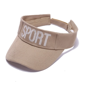 Detail of SPORT embroidery and reinforced stitching on khaki sun visor hat