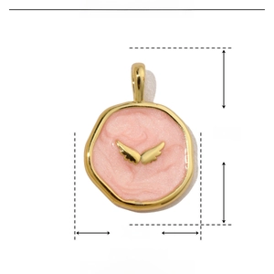Pink enamel angel wing pendant with gold edges 18x13mm size specification details