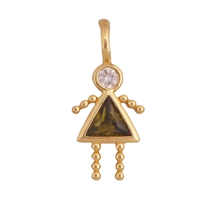 Détail d'un pendentif fille en laiton avec zircon rose et corps en pierre verte