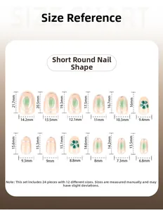 Size chart for green almond press-on nails showing detailed dimensions for 24 pieces
