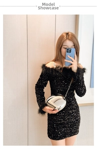 Close-up of silver spherical clutch bag and black sequined dress with feather trim