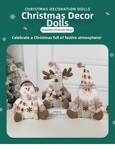 Close-up of Nordic style knit Christmas plushies featuring a snowman, elk, and Santa Claus