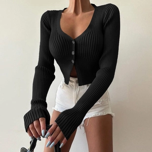 Slim fit black ribbed knit cardigan with a deep V-neck and three button closure for women