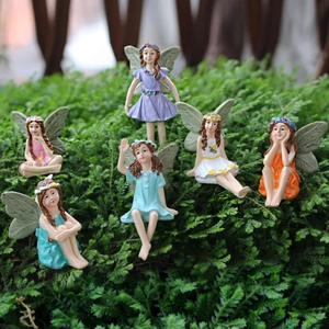 Set of six resin flower fairy figurines in various colors for garden micro landscapes