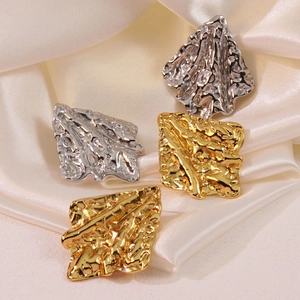 Irregular Hammered Stud Earrings Stainless Steel Geometric Folded Textured Metal Vintage Minimalist Style For Women