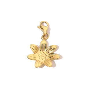 Detail eines goldenen Blumenanhängers mit Karabinerverschluss aus robustem Edelstahl