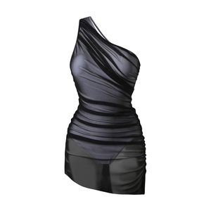Detail of black one-shoulder ruched mesh swimsuit dress showing sheer fabric texture