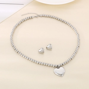 Silver stainless steel heart pendant necklace and stud earrings jewelry set for women