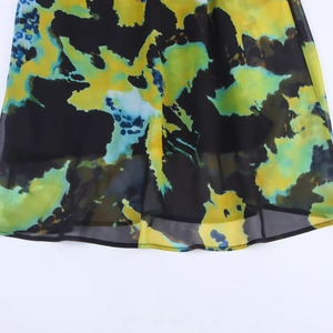 Semi-transparent chiffon long maxi dress featuring abstract yellow-green floral print