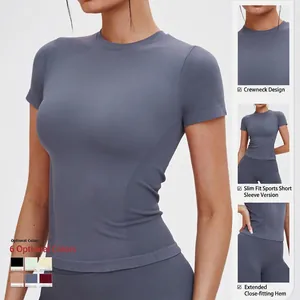T-shirt da yoga senza cuciture a girocollo blu nebbia per corsa e fitness vestibilità slim