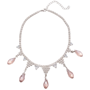 Elegant zircon silver necklace with pink teardrop crystal tassels and adjustable chain