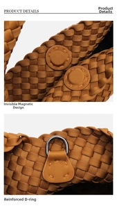 Detail of hidden magnetic closure and reinforced metal D-ring on woven bucket bag