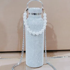 Luxury rhinestone insulated coffee tumbler with pearl handle and silver chain strap