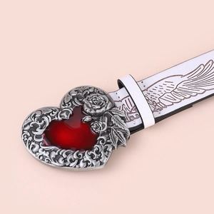 Vintage white leather heart belt with rose buckle and gothic wing pattern for jeans