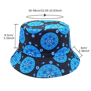 Blue evil eye pattern bucket hat with 56-58cm size dimensions shown on white background