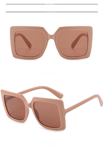 Detailed front and side views of oversized pink square sunglasses with brown tinted lenses
