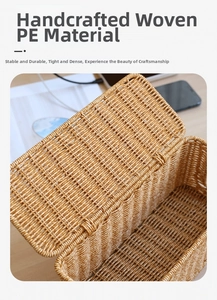 Detailed macro view of rectangular faux rattan weave texture on a desktop storage basket