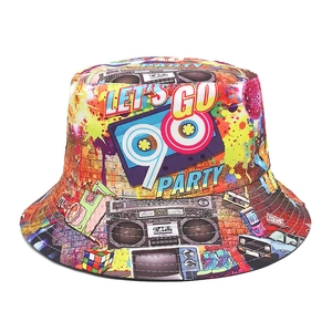 Retro 90s cassette print bucket hat for women with colorful double-sided sun protection