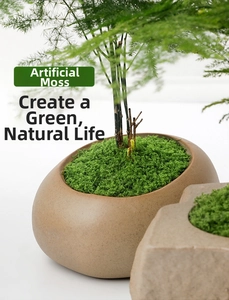 Macro detail of artificial moss filling a ceramic pot for decorative bonsai landscaping