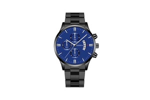 Close-up of Geneva men's business watch with blue dial, chronograph and calendar detail